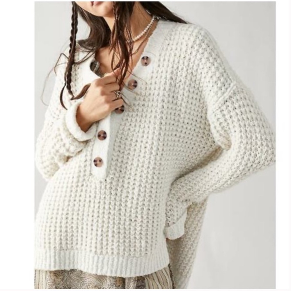 Free People Whistle Waffle Weave Henley Oatmeal Oversized Chunky Knit Sweater XS